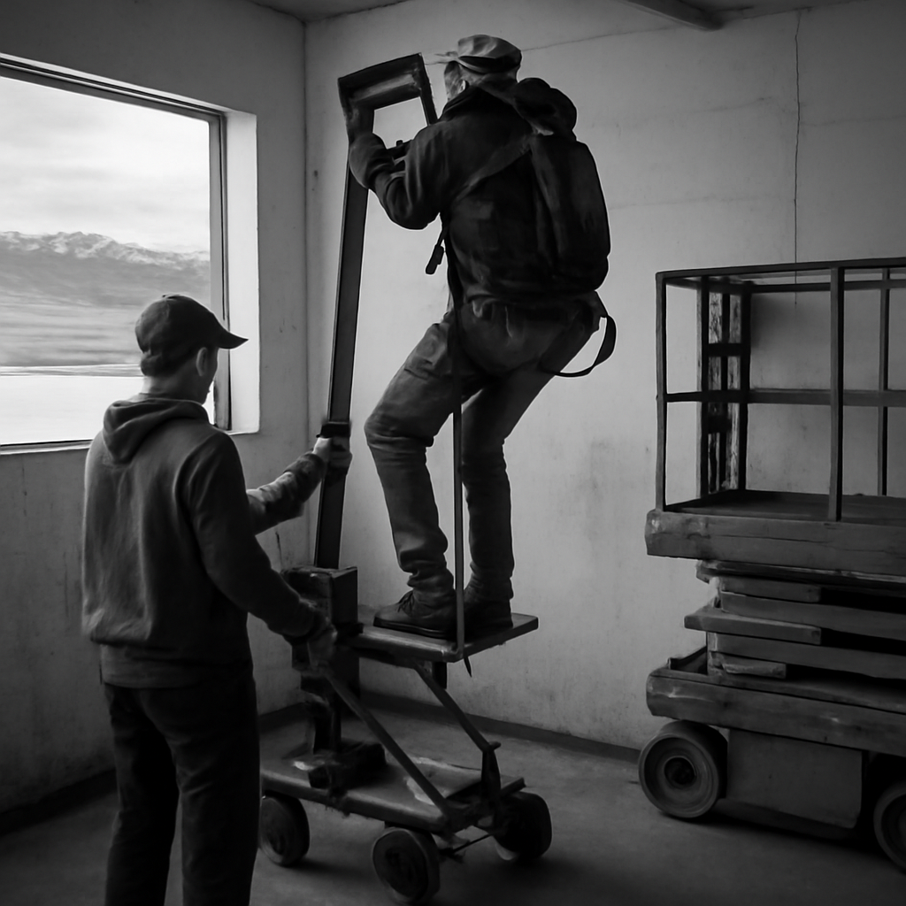 News photograph: Shoulder rigs give Denver crews a less punishing way up